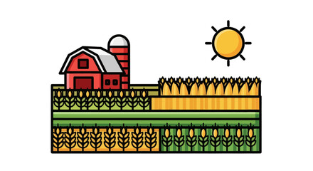 Naklejka premium Colorful Cartoon Illustration of a Farm with Barn and Crops.