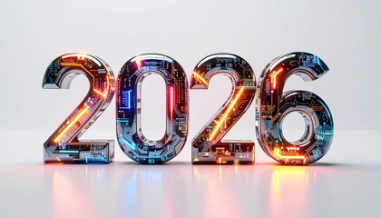 Creative concept for the New Year 2026, showcasing advanced technology with glowing electronic components and digital circuits
