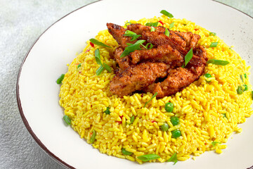 crispy chicken fillet in soy sauce, with fried rice, homemade, no people,