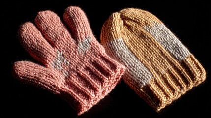 Warm knitted gloves and hat set with textured patterns