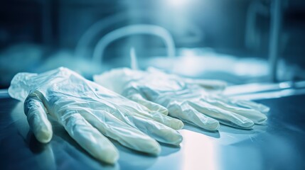 Medical examination gloves on surface with soft lighting in clinical environment