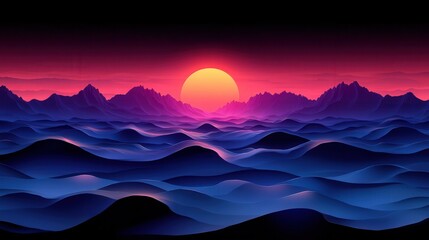 Vibrant Sunset Over Abstract Mountain Landscape with Wavy Ocean