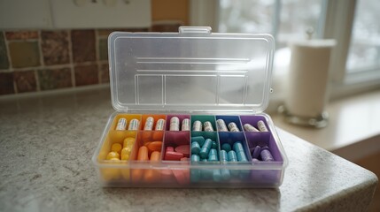 Colorful medication organizer with pills on kitchen countertop