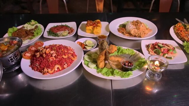 A vibrant Indonesian food spread featuring fried fish, red fried rice, sambal dishes, tofu, vegetables, and flavorful side plates, perfect for culinary showcases and restaurant promotions.