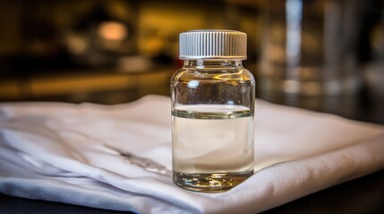 Clear glass container filled with liquid on white cloth background in kitchen setting
