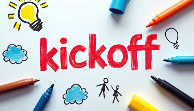 Colorful illustration with red kickoff word markers drawings. Idea brainstorming teamwork concept. Startup business meeting for new project plan development in office