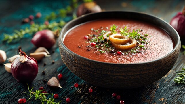 Soup styled with garlic cloves and onion rings, dark rustic surface