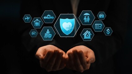 Security and insurance concept showing protection coverage for health, travel, home, car, life, and financial safety, emphasizing trust and policy assurance Marrow