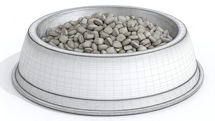 Wireframe style pet food bowl filled with kibble, isolated on white background, showcasing a modern and minimalist design for pet care products