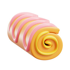 Stylized 3D Render of Sweet Pastry Roll with Pink and Yellow Glaze on Transparent Background