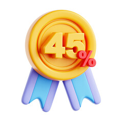 Three Dimensional Gold Medal Displaying Forty Five Percent Discount with Blue Ribbon on Transparent Background