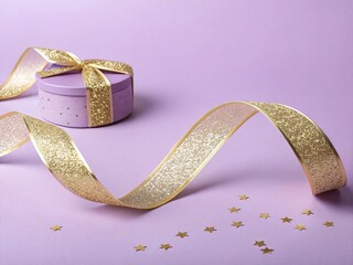 Elegant gift box with golden ribbon on a purple background, perfect for a special occasion or celebration, a luxurious and festive touch
