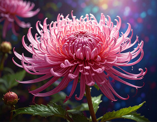 mesmerizing, ultra-realistic macro shot of a vibrant Spider Mum chrysanthemum with brilliant magenta-red petals and a dark center. The long, curling petals radiate outward, creating a spiky, dramatic 