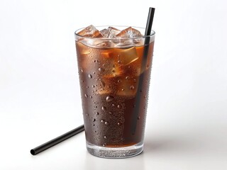 Refreshing cola drink with ice cubes and straw isolated on white background, perfect for quenching thirst and enjoying a cool beverage