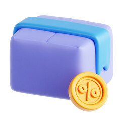 Three Dimensional Purple Gift Box with Light Blue Ribbon and Gold Percentage Coin on Transparent Background