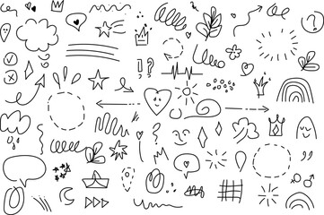 Set of hand-drawn doodle elements vector illustration of sketch symbols and shapes isolated on white