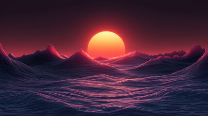 Vibrant Sunset Over Calm Ocean Waves with Soft Currents and Reflection