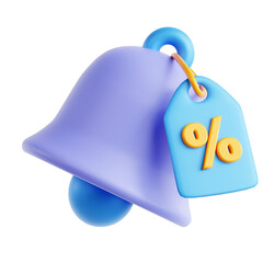 Three Dimensional Render of Purple Bell Icon with Blue Price Tag and Yellow Percentage Sign on Transparent Background