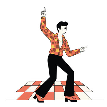 Illustration of a man dancing disco in colorful 70s outfit with polka dot shirt and bell-bottom pants, retro dance character design perfect for vintage and party themes.