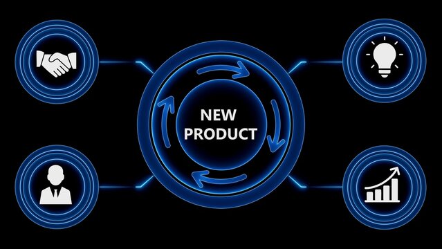 Conceptual representation of new product development and its lifecycle stages on a black background