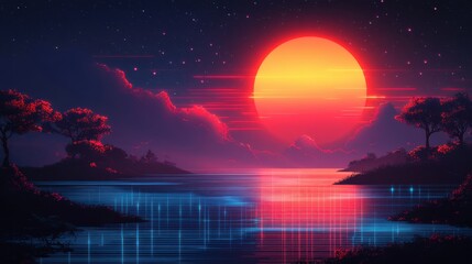 Vibrant Sunset Over Tranquil Lake Surrounded by Silhouetted Trees