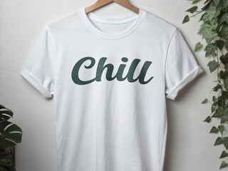 A white tshirt with the word chill printed on it isolated on white background, perfect for a casual and relaxed summer day or a cozy night in
