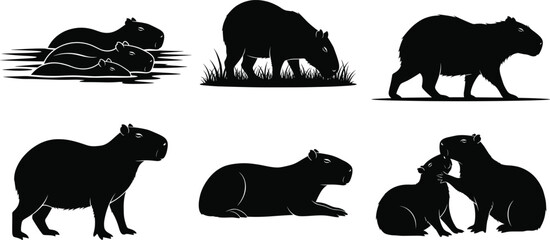 Capybara silhouette set featuring walking, swimming, grazing, resting, and social interaction poses of wild semi-aquatic rodents in nature