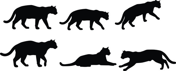 Cat Silhouette Vector Set Showing Standing, Walking, Lying, Leaping Poses for Pet, Animal, Feline, Wildlife, Nature Illustration Use