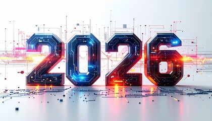 Futuristic digital technology and innovation concept for the new year 2026 on a glowing circuit board background with bright lights