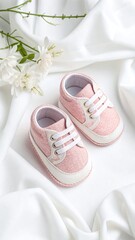 Closeup of adorable pink baby shoes with white laces and a floral accent, isolated on white background, perfect for a newborn girls wardrobe