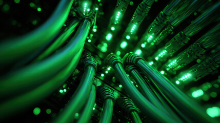 Glowing green data server cables create futuristic and technological atmosphere
