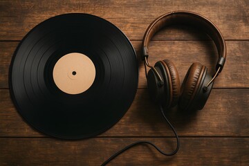 Vinyl record mockup on vintage wooden table with retro headphones