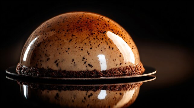 Gourmet tiramisu dome with glossy glaze, dramatic spotlight, black reflective surface