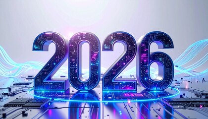 The year 2026 depicted with a futuristic microchip texture and glowing blue data streams, symbolizing a new era of digital technology
