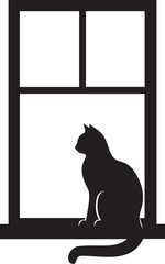 cat sitting in window, cat in window, cat looking out window, cat sitting on window sill,black and white silhouette of cat