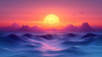 Breathtaking Sunset Over Calm Ocean Waves and Majestic Mountains