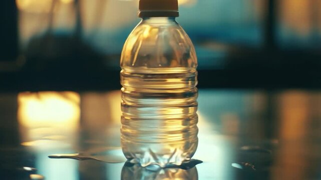 A clear plastic water bottle sits on a table, empty or waiting for use