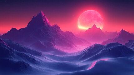 Dreamy Landscape with Majestic Mountains and Radiant Pink Moon