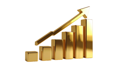 Golden bar graph with upward arrow, a 3D graphic