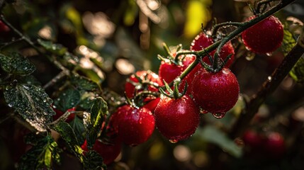 Fresh red tomatoes with water droplets on vine captured in natural light
