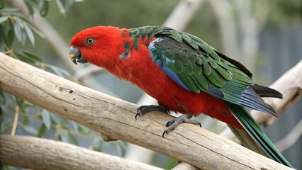 A vibrant australian king parrot perched gracefully on a branch, showcasing its brilliant red head and chest against a backdrop of lush green foliage