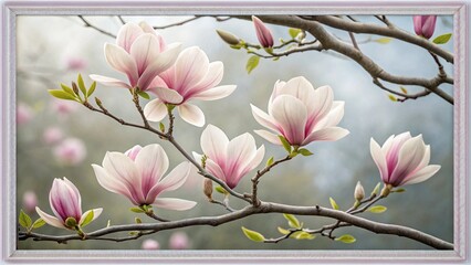 A serene painting of magnolia blossoms in full bloom, their delicate pink and white petals creating a tranquil and elegant floral display