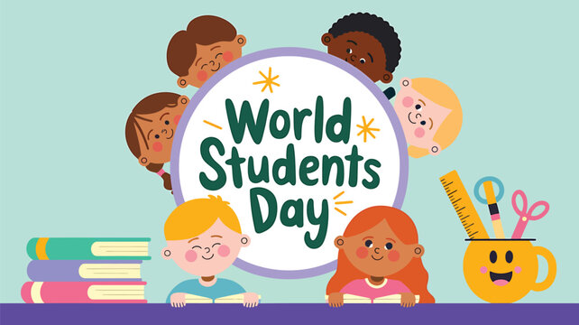 Vector art of world students day celebration with diverse children, books, and school supplies on a light blue background, promoting education and global unity