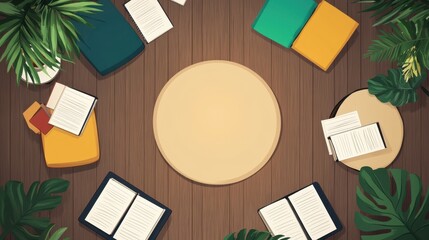 Overhead view of a wooden workspace with books, plants, and a central circle, creating a natural and inviting atmosphere for creativity and focus
