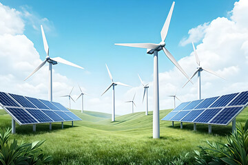 Green Energy Horizon: Wind Turbines and Solar Panels on Rolling Hills