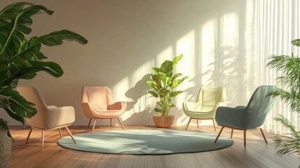 A bright and airy waiting room with comfortable armchairs arranged in a circle, plants, and sunlight streaming through the window creates a calming space