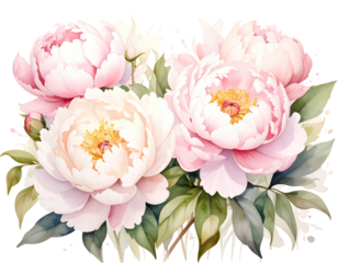 Delicate bouquet of pastel pink and cream peonies. Soft watercolor style