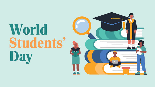 Vector art of world students day celebration with diverse students, books, graduation cap, and magnifying glass symbolizing education and learning - Powered by Adobe