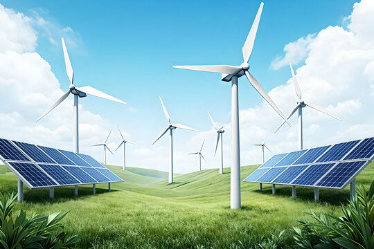 Green Energy Horizon: Wind Turbines and Solar Panels on Rolling Hills