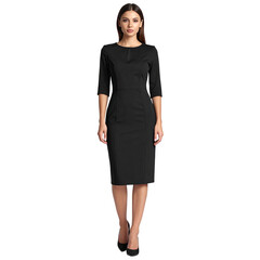 Fototapeta premium Woman in a black midi dress. Three-quarter sleeves, simple neckline. Professional style